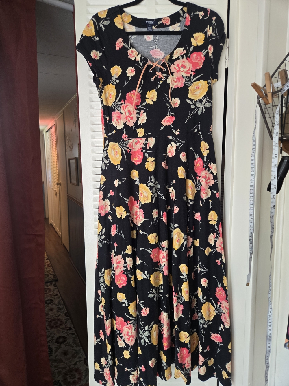 Chaps Black Midi Dress with Pink and Yellow Rose Print